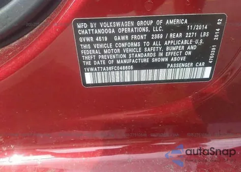 2015 Volkswagen Passat 1.8T S из США, поврежденный, VIN 1VWAT7A36FC048605